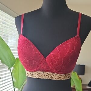 Red Lace Bra with Leopard-Print Band - Women Intimates